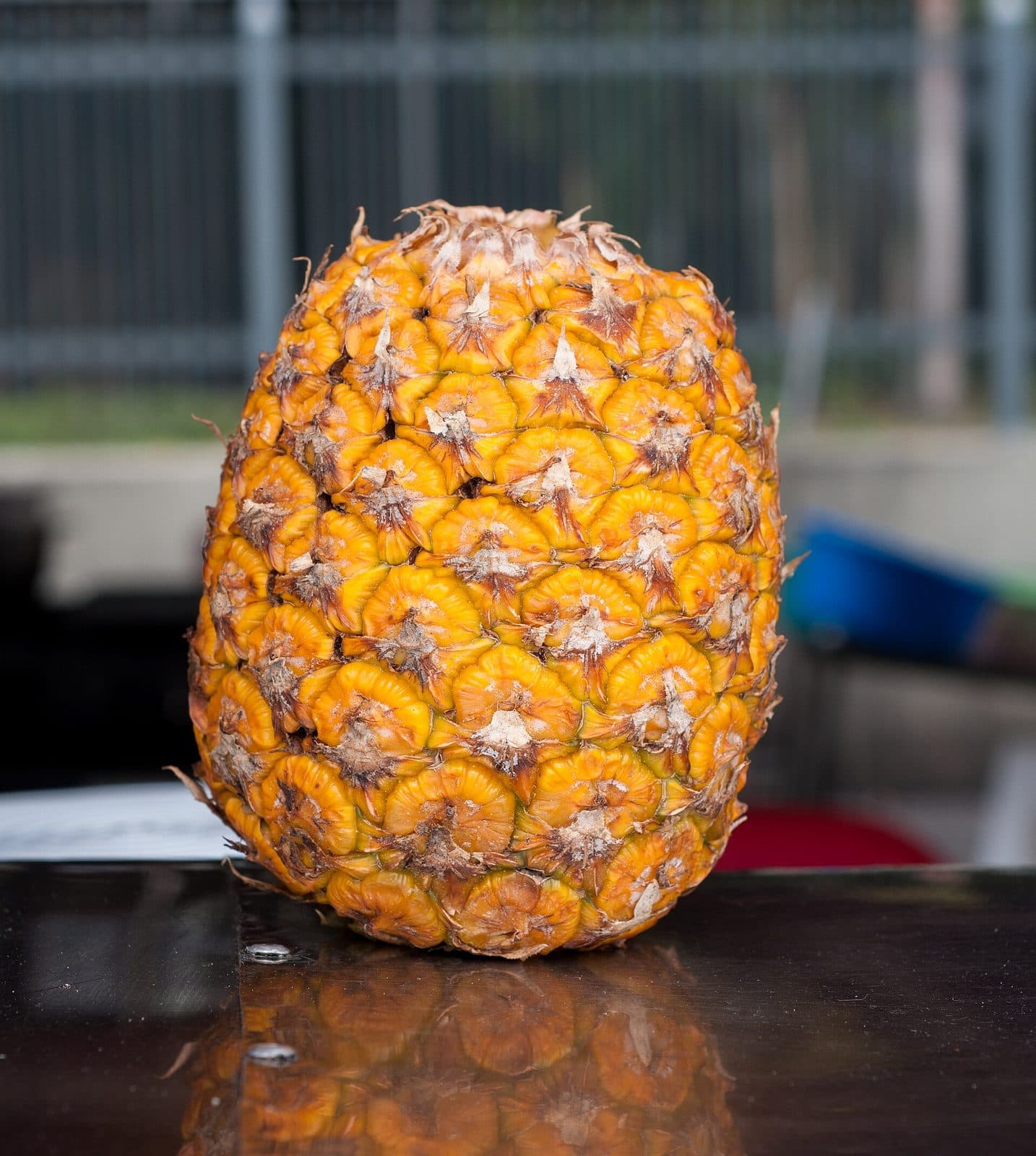A whole pineapple with its leafy crown.